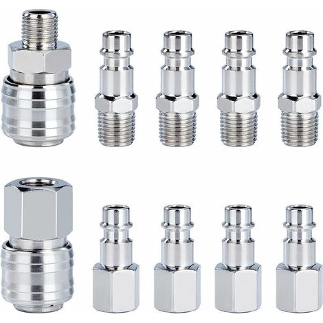 Kit de accesorios de manguera de acoplamiento neumático de aire de conexión rápida para compresor BSP de 1/4" (conector macho y hembra, 10 unidades) (1/4)