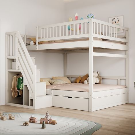 Lit double superposé enfant junior en bois massif blanc 140x200cm, barrière haute, sommier lattes, échelle sécurisée avec tiroirs de rangement
