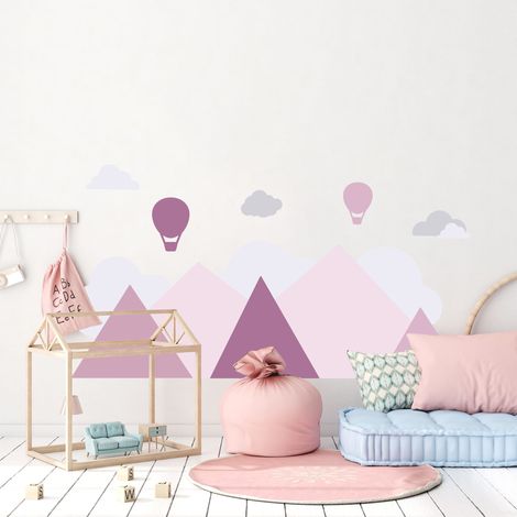 Grand Décor Panoramique Découpé, Décoration Chambre Bébé, Rose, Montagne, Montgolfière (1/5)