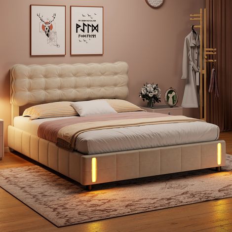 Lit coffre 140x190 cm, lampe à détecteur, hydraulique, tissu en velours, cadre de lit 140x190 cm, beige (1/5)