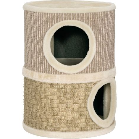 Torre rascador para gatos de 2 niveles Ø35,5 x 49 cm con 2 cuevas y felpa caqui marrón (1/5)