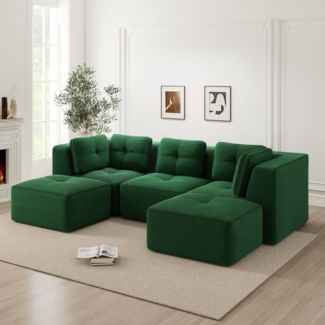 Sofá modular de esquina verde en pana con otomana, asiento profundo y sin montaje (1/5)