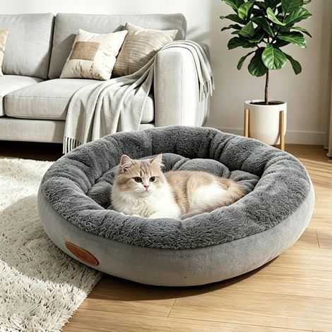 Panier Chien Rond XL 90x65 cm Peluche Épaisse – Coussin Donut / Beignet Hiver, Lit Apaisant Coton PP Haute Résilience Anti-Affaissement pour Chat et Chien jusqu’à 25 kg, Couchage Sommeil Profond Gris (1/5)