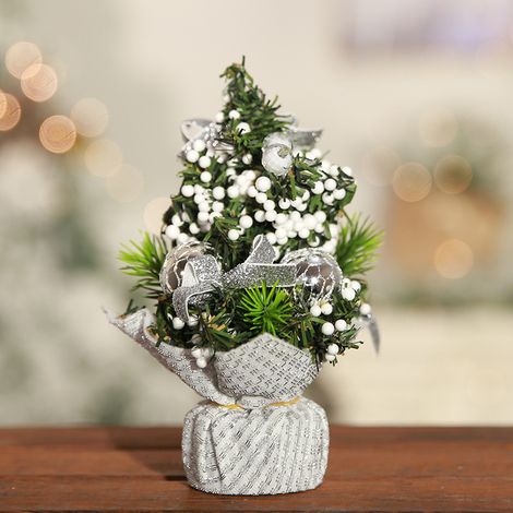 Quatre mini sapins de Noël en tissu brillant, décorations de table, argent, non-tissé, nœud rouge et doré, 20 x 11 cm (1/4)
