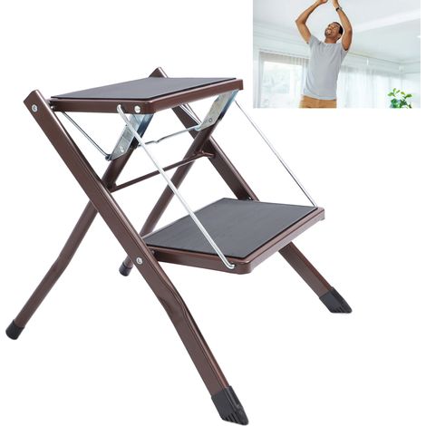Sgabello pieghevole a 2 livelli, colore caffè, portata 120 kg, gradini larghi, antiscivolo, compatto da riporre, multiuso. (1/4)