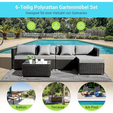 LIFERUN Polyrattan Gartenmöbel Set 6-teilig, Wetterfest Balkonmöbel Set bis 6 Personen, Außen Terrassenmöbel inkl. Rattansessel Couchtisch, Lounge Set Sitzgruppe für Garten Terrasse Balkon,Schwarz