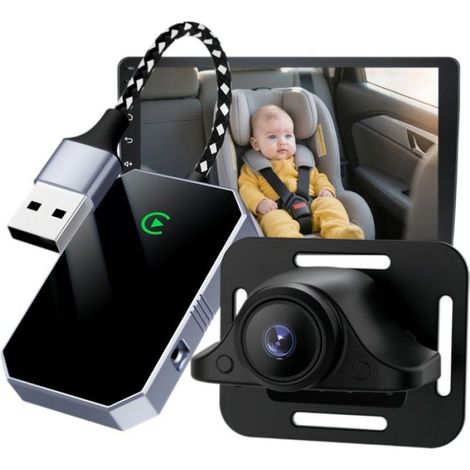 Caméra Bébé Voiture 1080P Vision Nocturne 150°, Adaptateur CarPlay Filaire Vers Sans Fil, Alliage Aluminium, Plug and Play (1/5)