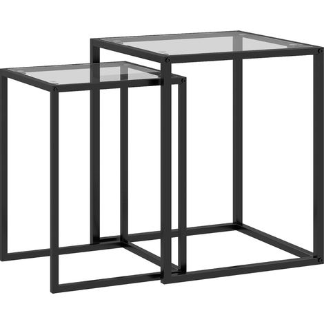 Ensemble de 2 tables gigognes avec plateau en verre trempé et pieds en acier noir, moderne, pour salon (1/5)