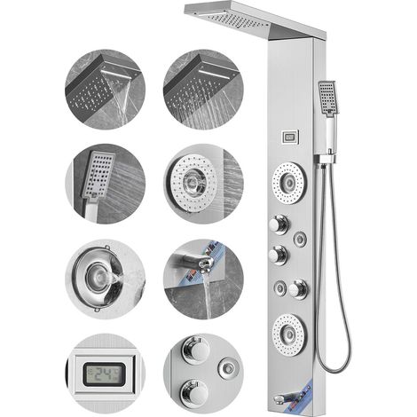 Douche à Colonne Acier Inoxydable, 6 Modes, LED & Affichage, Pluie, Cascade, 4 Jets Massants, Robinet de Baignoire, Douchette Flexible 150 cm, Murale (1/5)