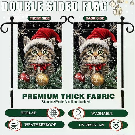 Drapeau de bienvenue pour jardin avec chaton de Noël, décoration extérieure pour cour ou cour, drapeau de maison double face, décorations de bienvenue (mât non inclus). (1/5)