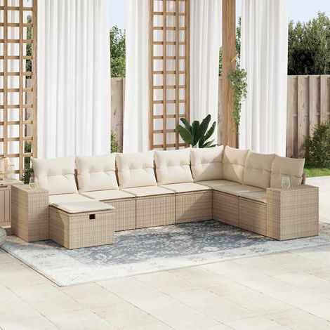Ensemble Salon Jardin 8 Places Résine Tressée Beige avec Coussins Crème - Modulaire, Rangement et Housse Lavable (1/5)