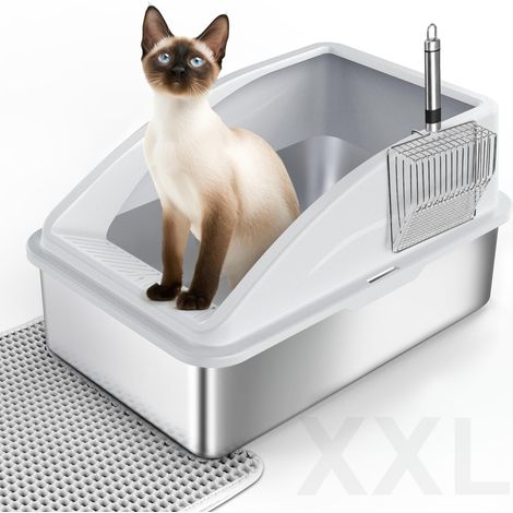 Bac à Litière pour Chat, XXL Bac Litiere en Acier Inoxydable, Design Ouvert Facile à Nettoyer, avec 35 L Grande Capacité, avec Pelle à Litière en Acier, 58 x 36 x 33 cm (1/5)