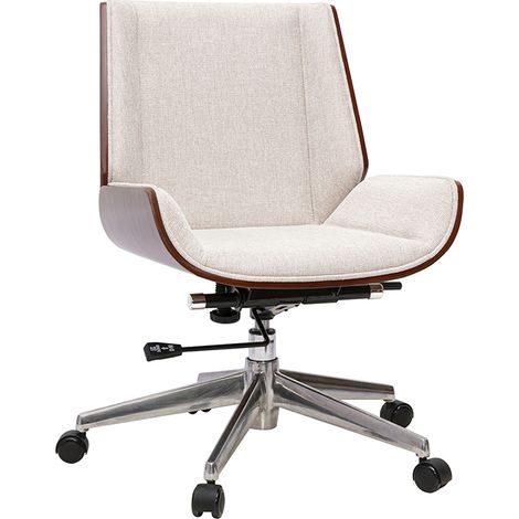 Sedia da ufficio con ruote design in tessuto effetto velluto testurizzato beige, legno scuro e acciaio cromato CURVED