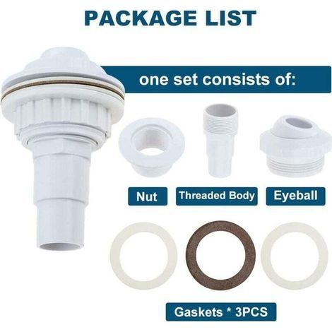 2 Rückspüldüsen-Sets – Komplett mit Anschlüssen, Ösengruppe, Klemmen, Unterlegscheiben und PTFE-Gewindeband – Für FibroPool und Aufstellpools (1/3)