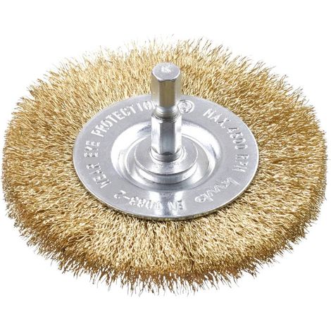 Brosse à disque, fine, fil de laiton, Ø 75 mm pour le métal et la pierre, brosse métallique pour perceuse, y compris tige hexagonale E6.3, pour dérouiller, décalaminer, rendre rugueux et nettoyer (1/2)