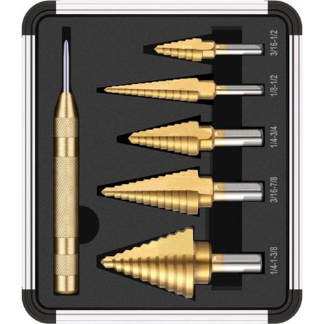 Coffret de 6 pièces en aluminium plaqué titane, poinçon de centrage de type pagode, avec queue triangulaire, foret étagé multifonctionnel, foret à goujure droite, foret en acier rapide et alésoir. (1/4)