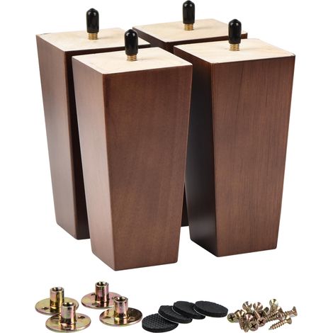 Lot de 4 pieds de meubles carrés en bois massif en noyer pour canapé, fauteuil – Moderne du milieu du siècle avec boulon M8 pré-percé et plaques de montage en métal – 25 cm (1/5)