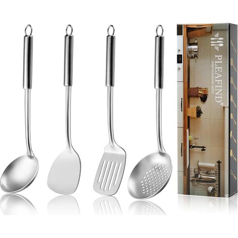 Pleafind Ustensiles de Cuisine, 4 Pièces Ustensiles de Cuisine en Acier Inoxydable, Cooking Utensils avec Louche, Écumoire, Spatule, Retourneur à Fentes, Passe au Lave-vaisselle (1/5)