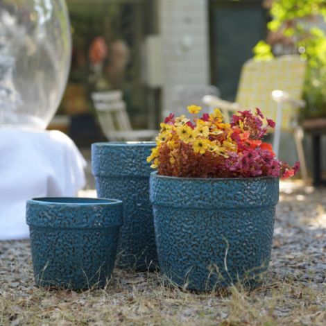 Ensemble de 3 pots de fleur plantation en céramique faits main bleu nature (1/5)
