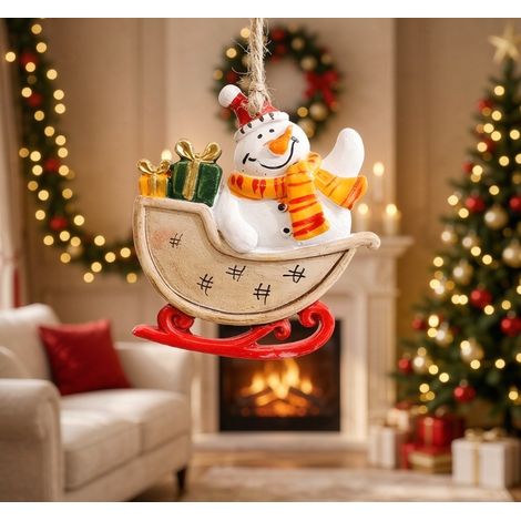 Lot de 2 ornements suspendus traîneau Noël (bonhomme de neige + Père‑Noël) 7 cm, figurines résine (1/4)