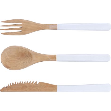 Ensemble de 3 couverts japonais en bois sans BPA, comprenant cuillères, fourchettes et couteaux, blanc. (1/5)
