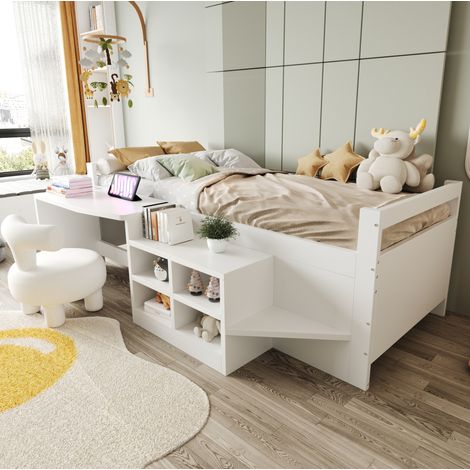 Kinderbett 90 x 200 cm mit Schreibtisch, Stauraum und USB-Anschlüssen, weiß HAVRYA (1/5)
