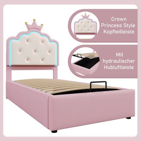 Lit rembourré 90x200 avec sommier à lattes, sans matelas, luminaire d'ambiance avec télécommande, style conte de fées, coffre de rangement à vérin, housse en polyuréthane, teinte rose (1/5)
