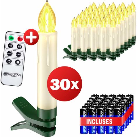 DEUBA® Bougie LED de Noel sans câble décoration lumineuse aspect bougie de cire fonctionnement à pile minuterie 24h Set de 30 / Blanc chaud + Piles