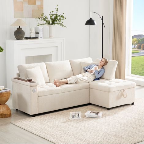 Canapé con chaise longue derecha convertible de chenilla beige 209x130x84 cm con almacenaje y puerto USB (1/5)