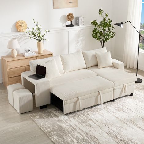 Canapé-lit d’angle L convertible avec USB, rangements et coussins, 3 places, beige (1/5)