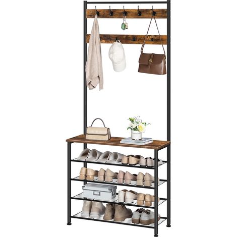 Coat Stand, Coat Rack with Shoe Storage, Free Standing Hall Tree with 9 Hooks, Shoe and Coat Rack for Hallway, Entryway, Metal Frame, Sturdy, Industrial, HOOBRO EBF80MT01G2