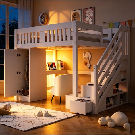 CHICFURN Cama alta 140x200 cm de madera blanca con escritorio, almacenaje y LED (1/5)