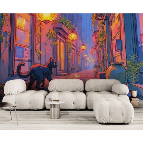 Papier peint Illustration – Chat noir ruelle et lanternes - 150 x 250 cm (1/2)