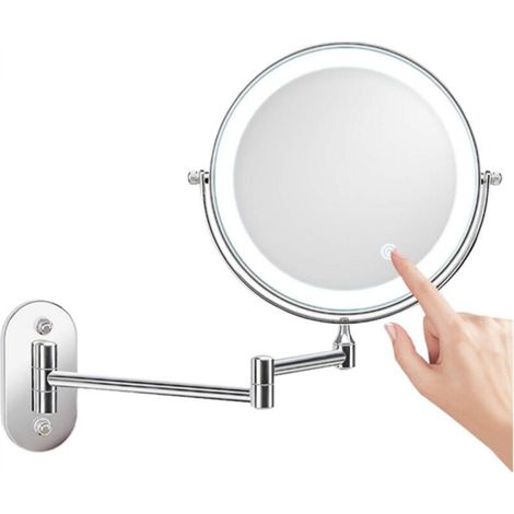 20cm (8-inch) silver wall-mounted makeup mirror with foldable and telescopic LED lighting, double-sided, for bathroom. (1/5)