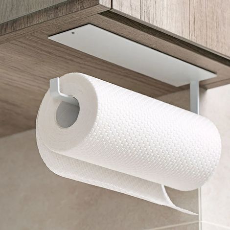 Porte-rouleau de cuisine sans perçage, support mural pour essuie-tout, distributeur en aluminium pour papier absorbant, organisateur de rangement mural pour rouleaux de sopalin (Blanc) (1/5)