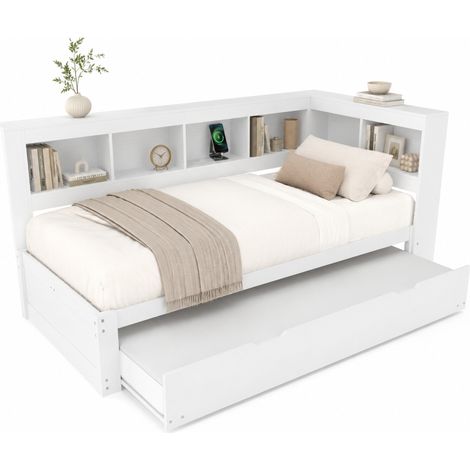 Sofá cama 90 x 200 cm con cama extraíble, enchufe y 2 puertos USB, estantes laterales y acabado blanco de estilo moderno para salón o dormitorio CHICFURN (1/5)