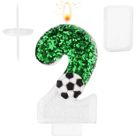 Bougies Anniversaire Football, Blanc Vert Décoration de Gâteau de Football Bougie Numéro Anniversaire Paillettes Scintillantes Thème de Football Décorations de Fête d'Anniversaire (Numéro 2) (1/5)