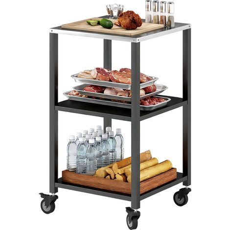 Chariot de service pour barbecue, table de grillade à 3 niveaux avec plan de travail en inox, roulettes, 50 x 50 x 90 cm, noir