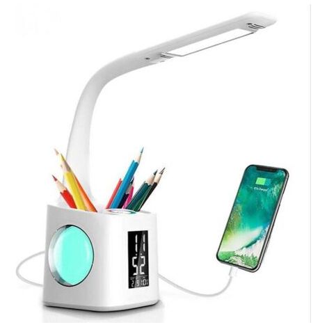 YIDOMDE Lampe de bureau LED Eye-Caring Lampe de Table D'šŠtude Port de charge USB Lumiššre de L'atmosphššre Nocturne avec Porte Stylo/šŠcran Heure/Calendrier