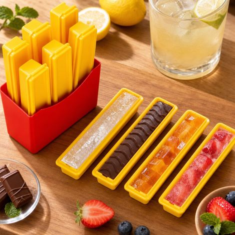 Lot de 2 bacs à glaçons en silicone forme frites, moule à glaçons original avec boîte de rangement magnétique, qualité alimentaire (1/5)