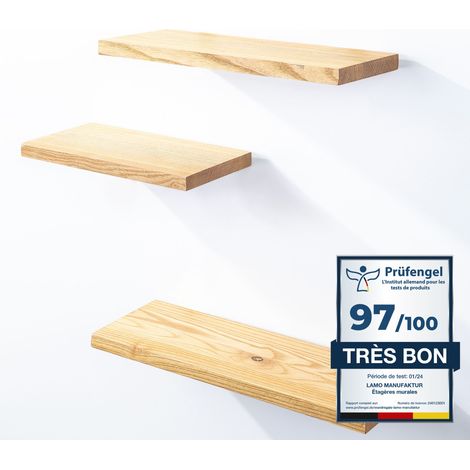 Étagère murale en bois massif 3 étagères – Fixation invisible – Dimensions 42/36/30cm – Couleur foncé – Pour salon et rangement – Lamo Manufaktur