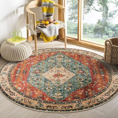 Tapis rond bohème, 120 cm, doux, antidérapant, lavable, poils ras, convient pour entrée, intérieur, chambre, rouge (1/5)