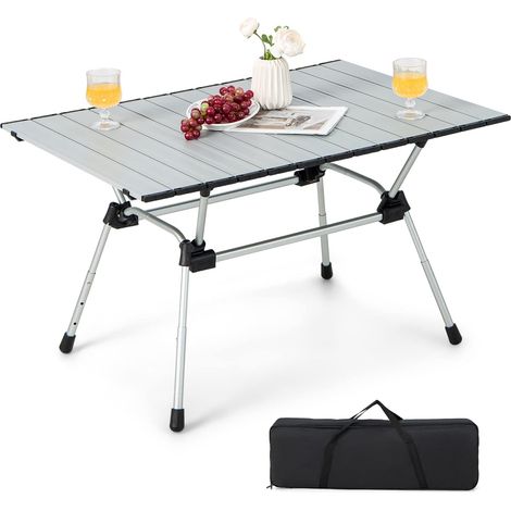 COSTWAY Tavolo da Campeggio Pieghevole in Alluminio, Altezza Regolabile a 4 Livelli, Tavolo da Picnic con Borsa, Peso Netto 4 kg,Tavolino da Esterno e Interno Portatile, 90x60,5x52 cm (argento) (1/5)