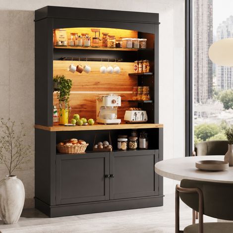 MEUBLIV Credenza alta da cucina nera 107x43x184 cm – LED, vani aperti e chiusi (1/5)