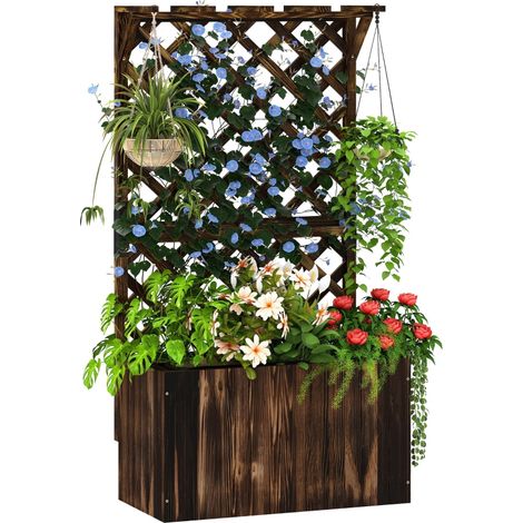 Jardinière surélevée avec treillis, bac à fleurs en bois, treillis de jardin 64 x 33 x 122 cm, finition carbonisée (1/3)