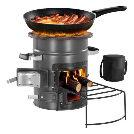 Estufa Cohete Cilíndrica Portátil de Leña, de Acero SPCC, con Bolsa de Transporte, Puerta Doble, Estufa Cohete de Carbón para Cocinar y Calentar al Aire Libre, Senderismo y Patio, Gris (1/5)