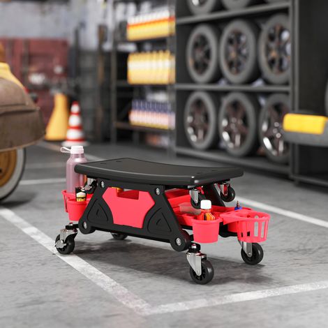 Mobiler Werkstatthocker, Tragkraft 135 kg, Mechanikerhocker mit 360°-Drehrollen und Ablageflächen, 86 x 33 x 33 cm, rot