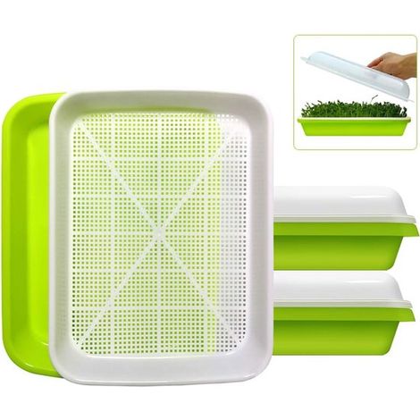 Set di 2 vassoi per germinazione con coperchio regolatore di umidità, colore verde, senza BPA, senza terra, per erba di grano, microgreens, fagioli e cibo per gatti. (1/4)