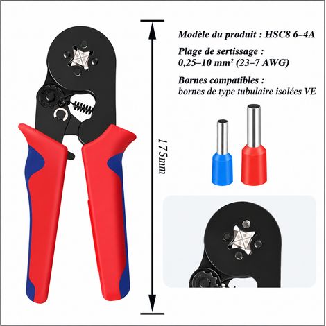 Pince à sertir carrée pour embouts tubulaires 0,25-10 mm² 365 0.25-10mm réf 2453 550 g – Livraison gratuite
