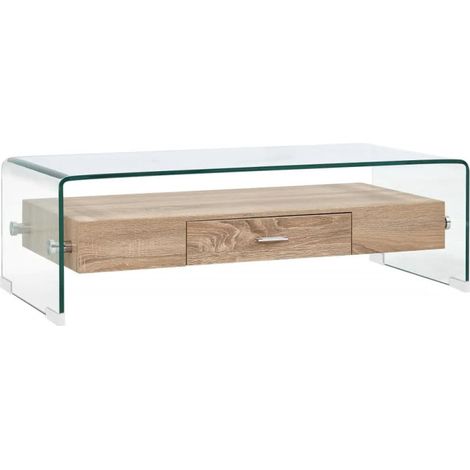 Vidaxl – Table basse fixe en verre trempé 98x45x31 cm – Étagère et tiroir MDF – Style contemporain clair et chêne – Robuste et stable